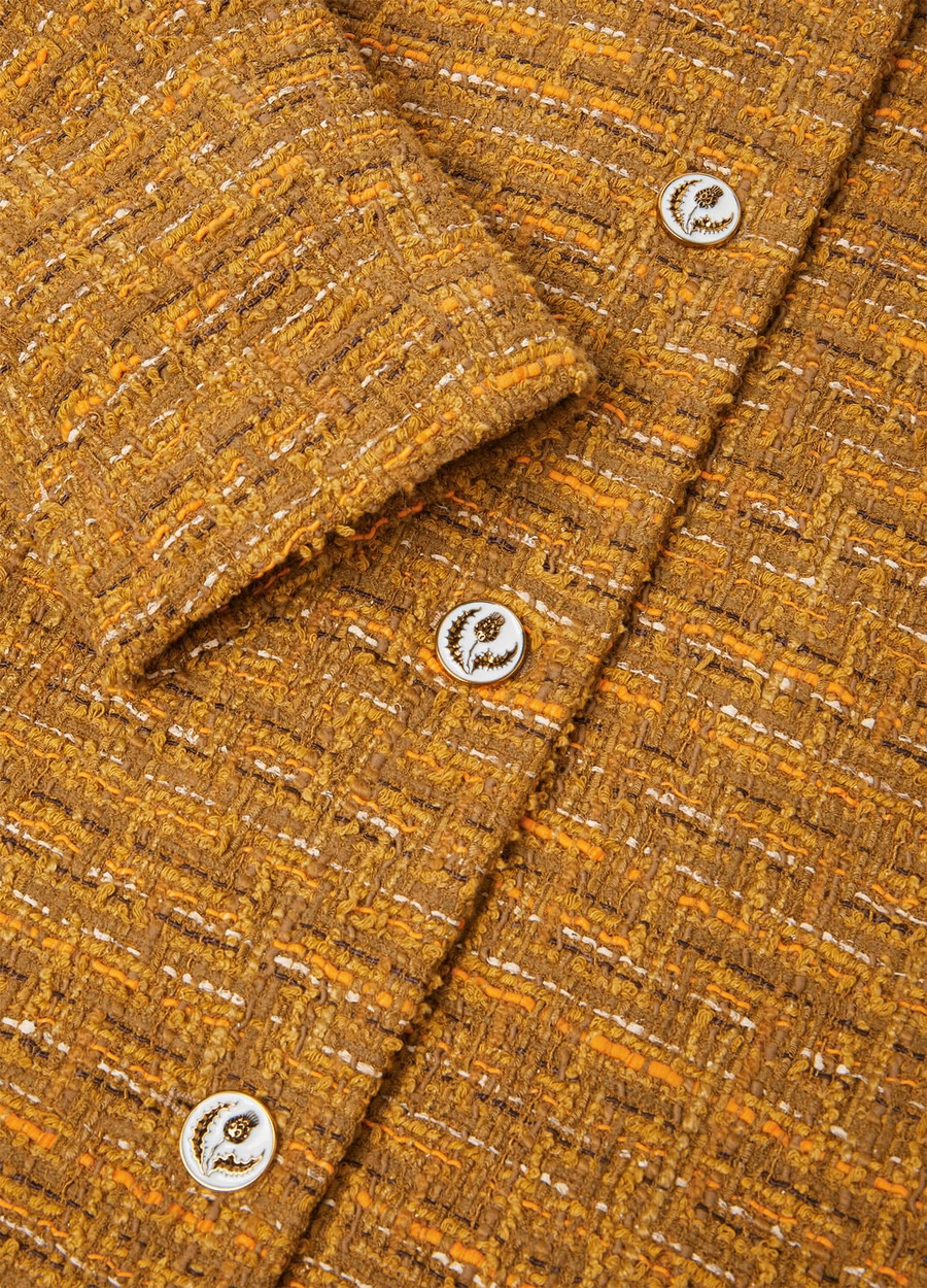 Casaco Oxton em algodão, mohair e lã, verde-laranja com estampa de papoulas.