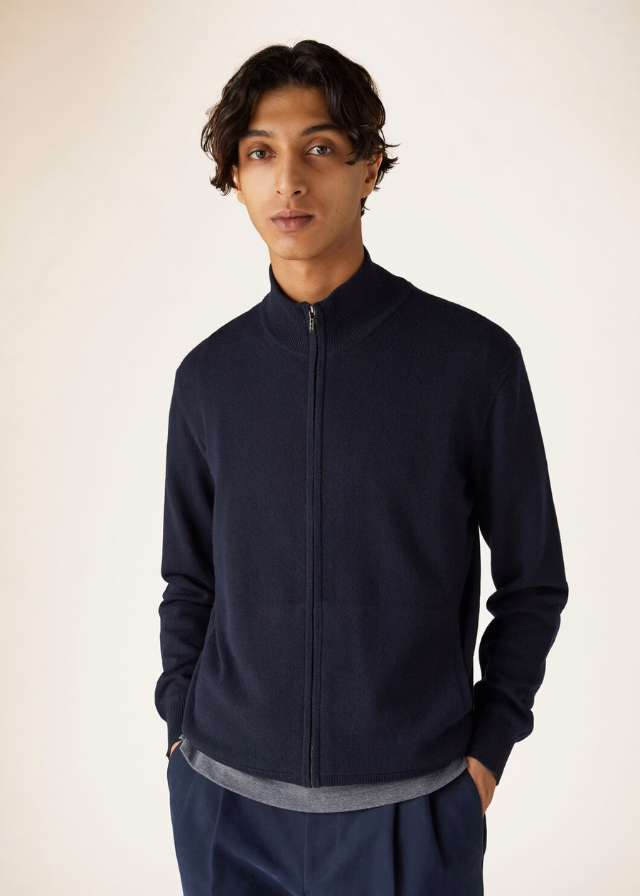 Jaqueta bomber clássica Baby Cashmere com zíper, azul marinho.