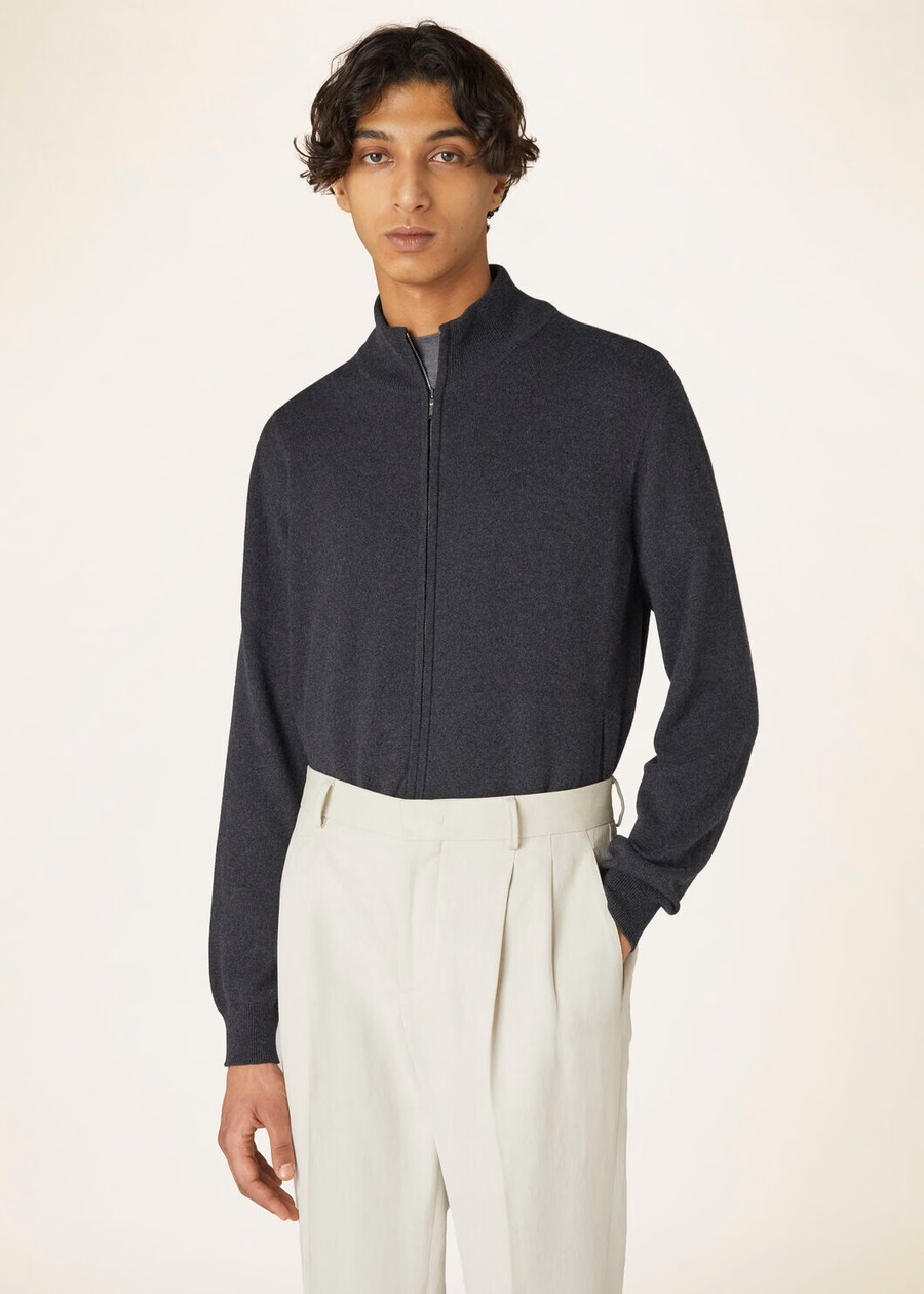 Jaqueta bomber clássica com zíper para bebês, cashmere preto/cinza mesclado.