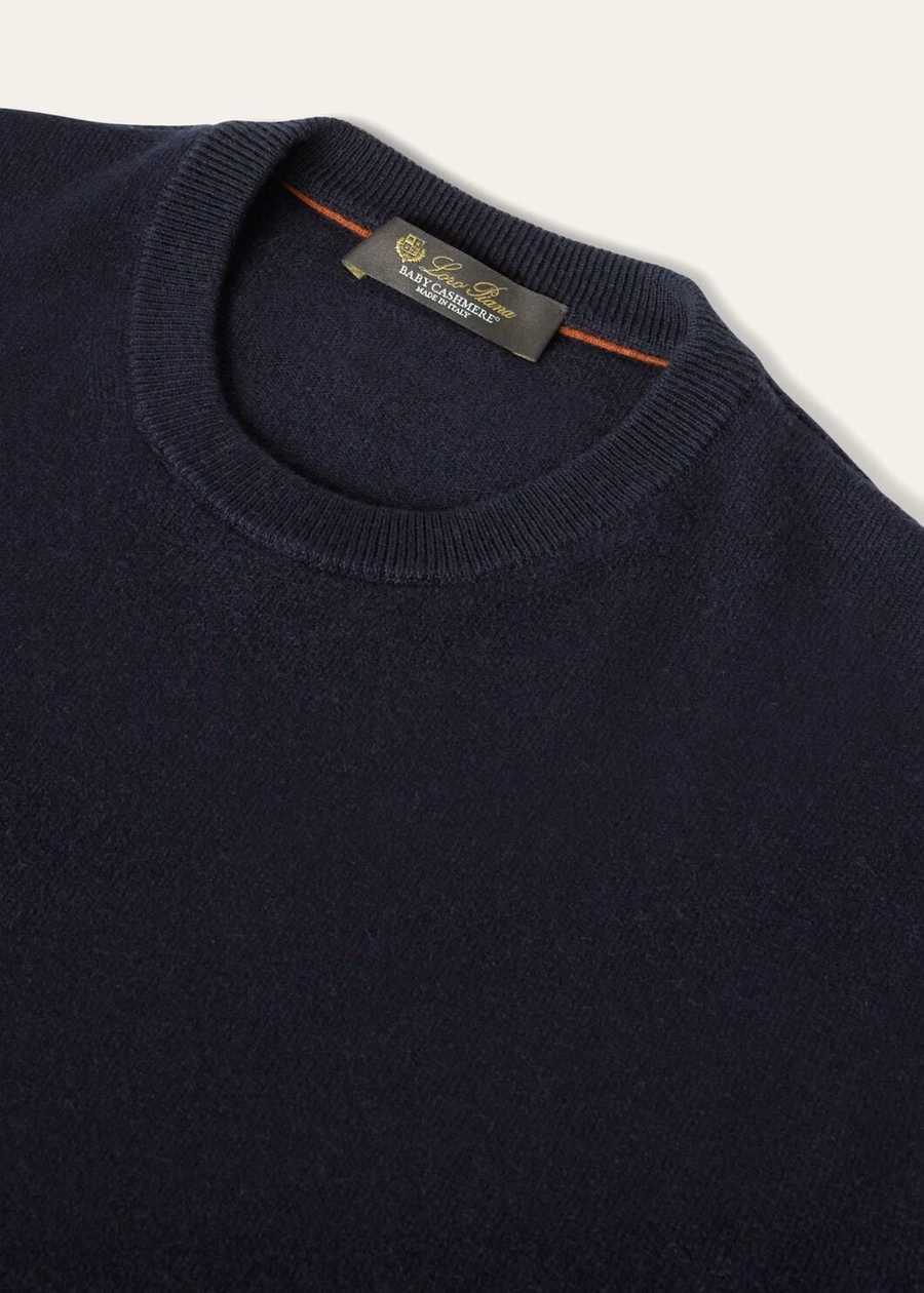 Camiseta Clássica de Gola Redonda em Caxemira Baby Azul Marinho