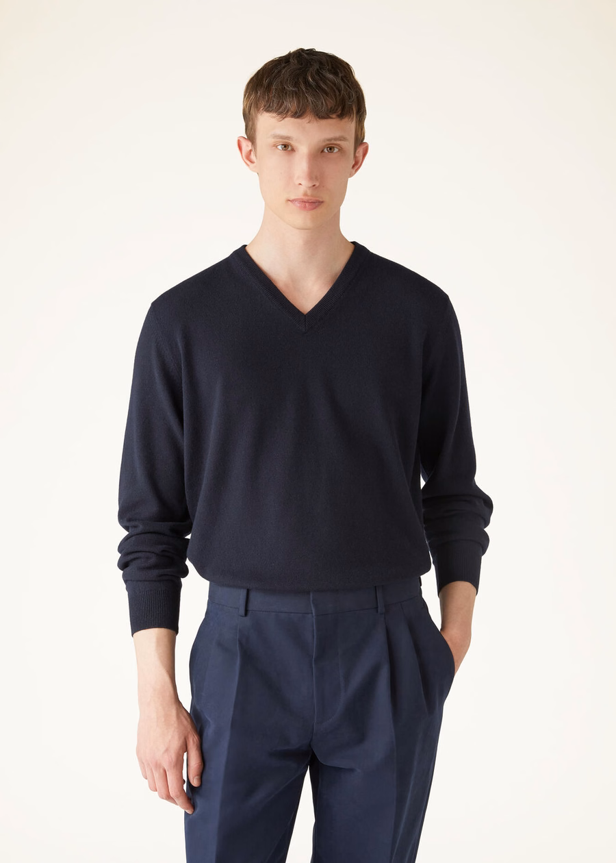 Camisola clássica de caxemira para bebé azul marinho com decote em V