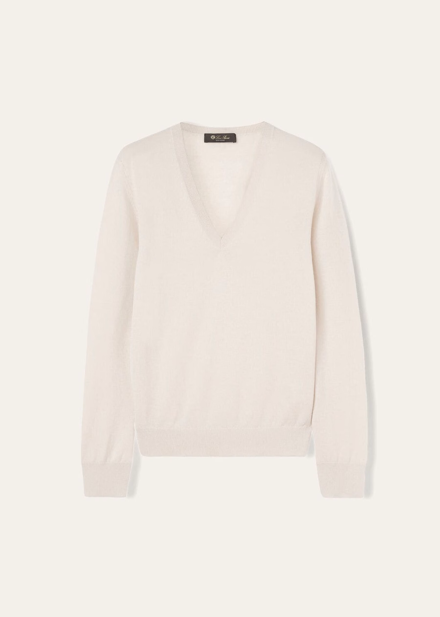 Novo suéter de cashmere com decote em V e penas de tapioca.