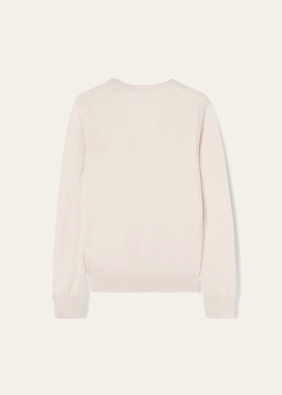 Novo suéter de cashmere com decote em V e penas de tapioca.