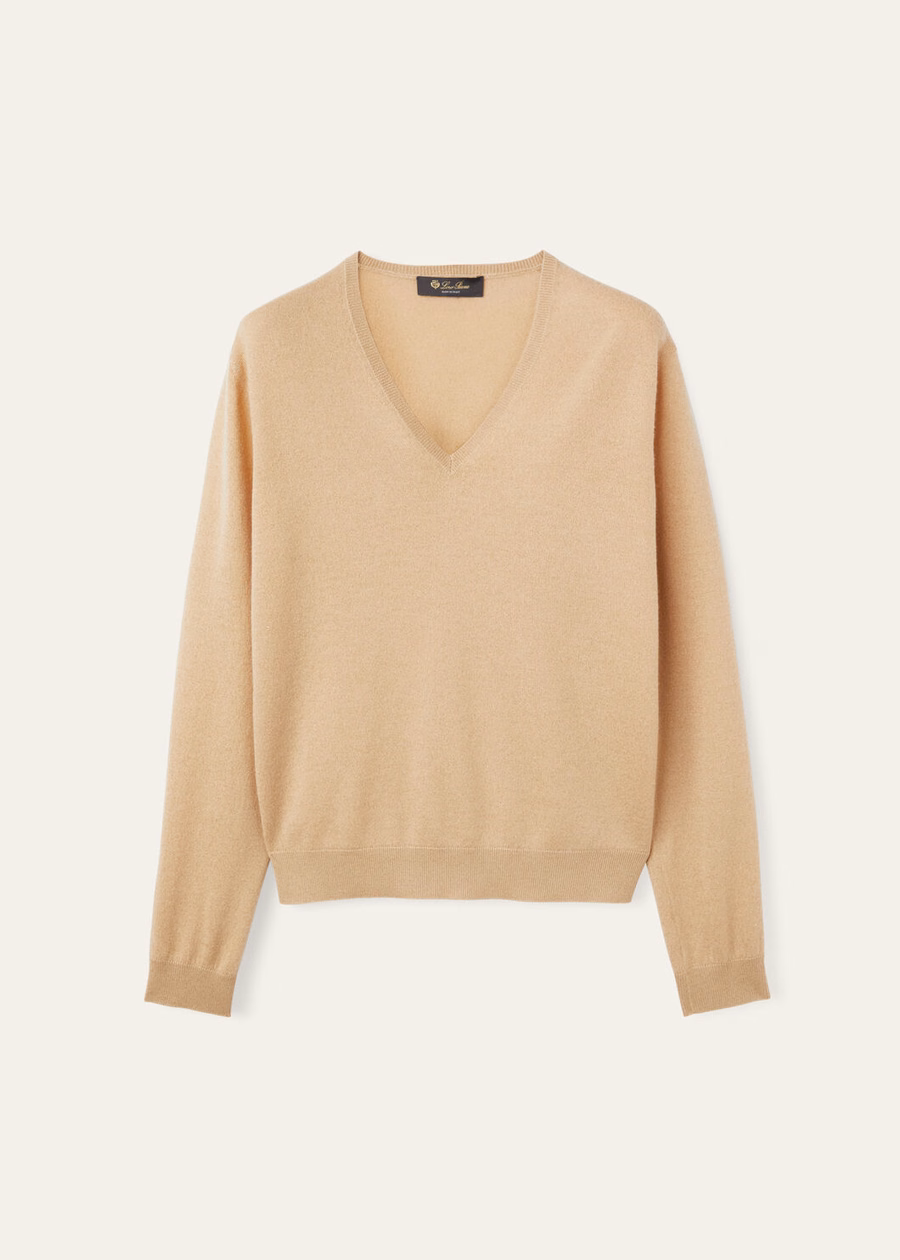 Suéter Luciole Cashmere com decote em V e detalhes em dourado.