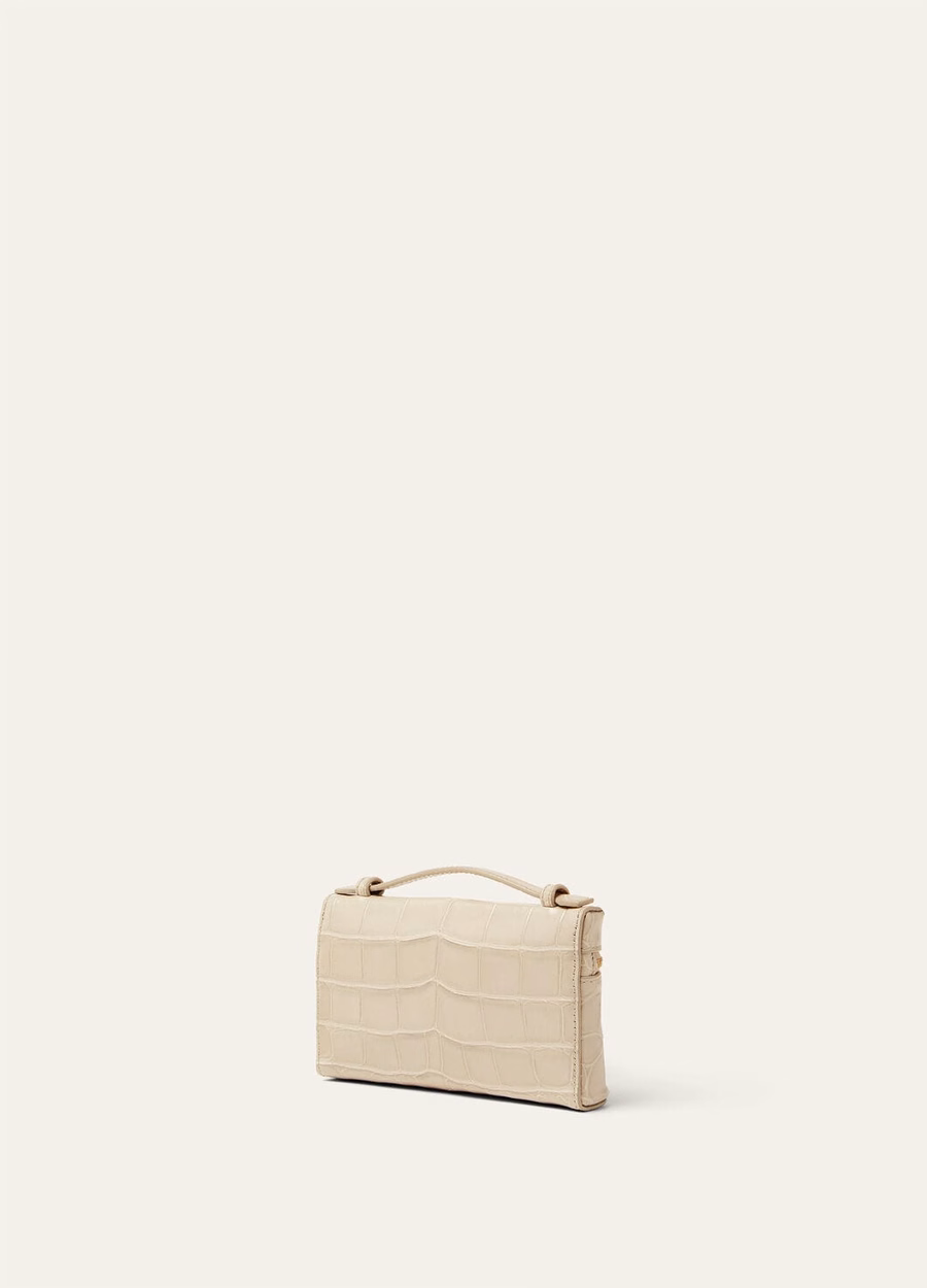 Bolsa Mini com Bolso Extra em Couro de Crocodilo Travertino Claro/Dourado