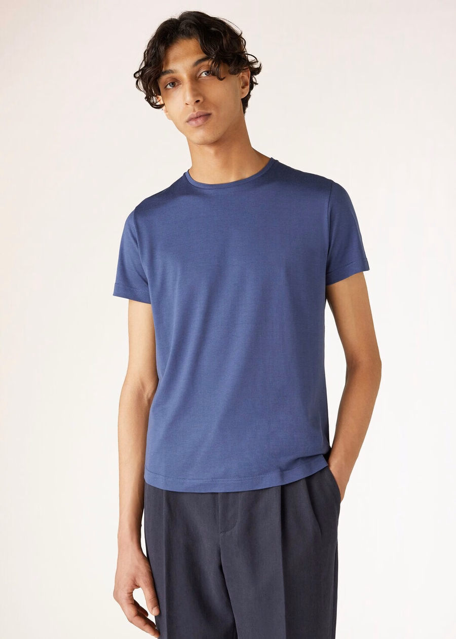 Camiseta de algodão macio e seda azul Delft