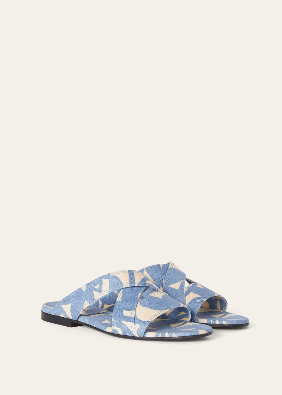 Tamanco Yuki Flat em Linho Azul Beau/Creme Mel