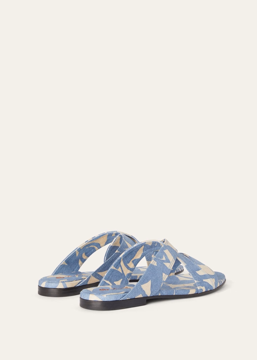 Tamanco Yuki Flat em Linho Azul Beau/Creme Mel