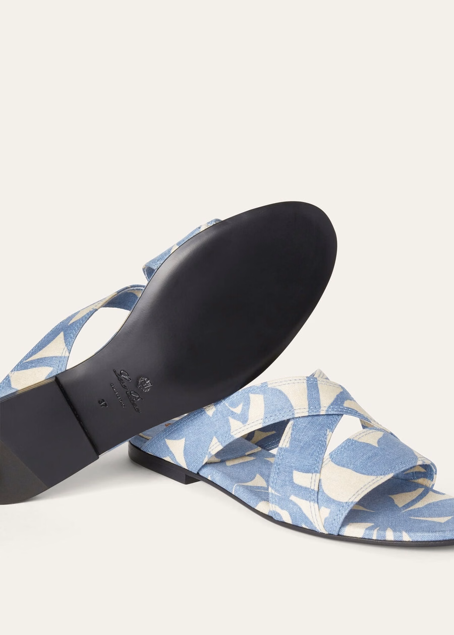 Tamanco Yuki Flat em Linho Azul Beau/Creme Mel