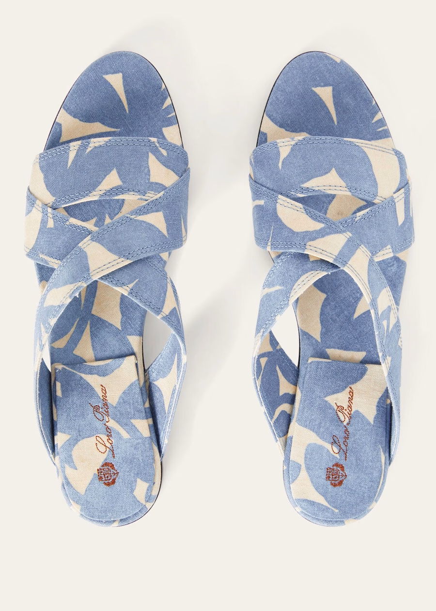 Tamanco Yuki Flat em Linho Azul Beau/Creme Mel