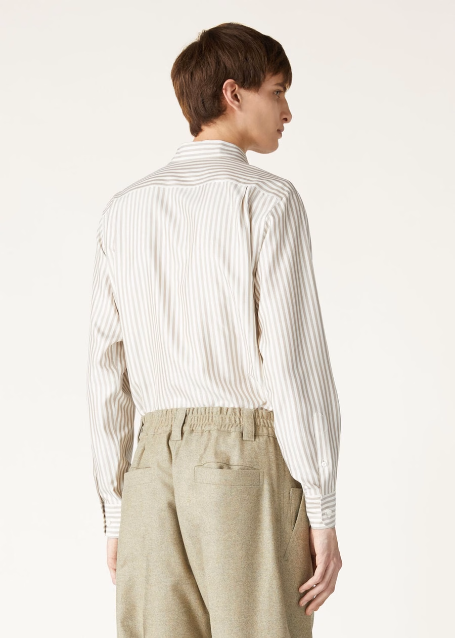 Camisa listrada Andre em seda lavada cor taupe
