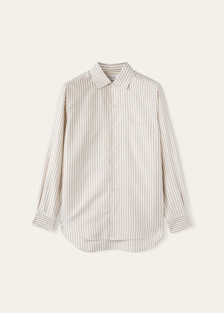Camisa listrada Andre em seda lavada cor taupe