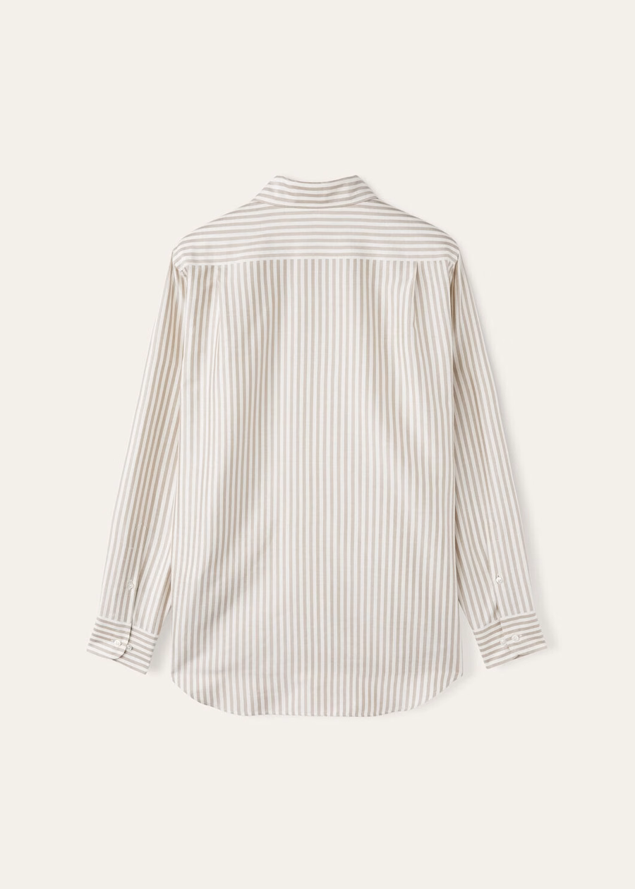 Camisa listrada Andre em seda lavada cor taupe
