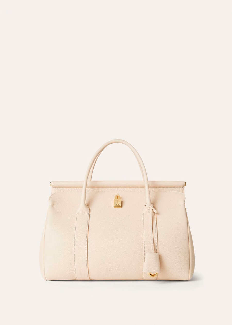 Bolsa Loom L32 em couro de bezerro granulado, cor creme mel/dourado sol