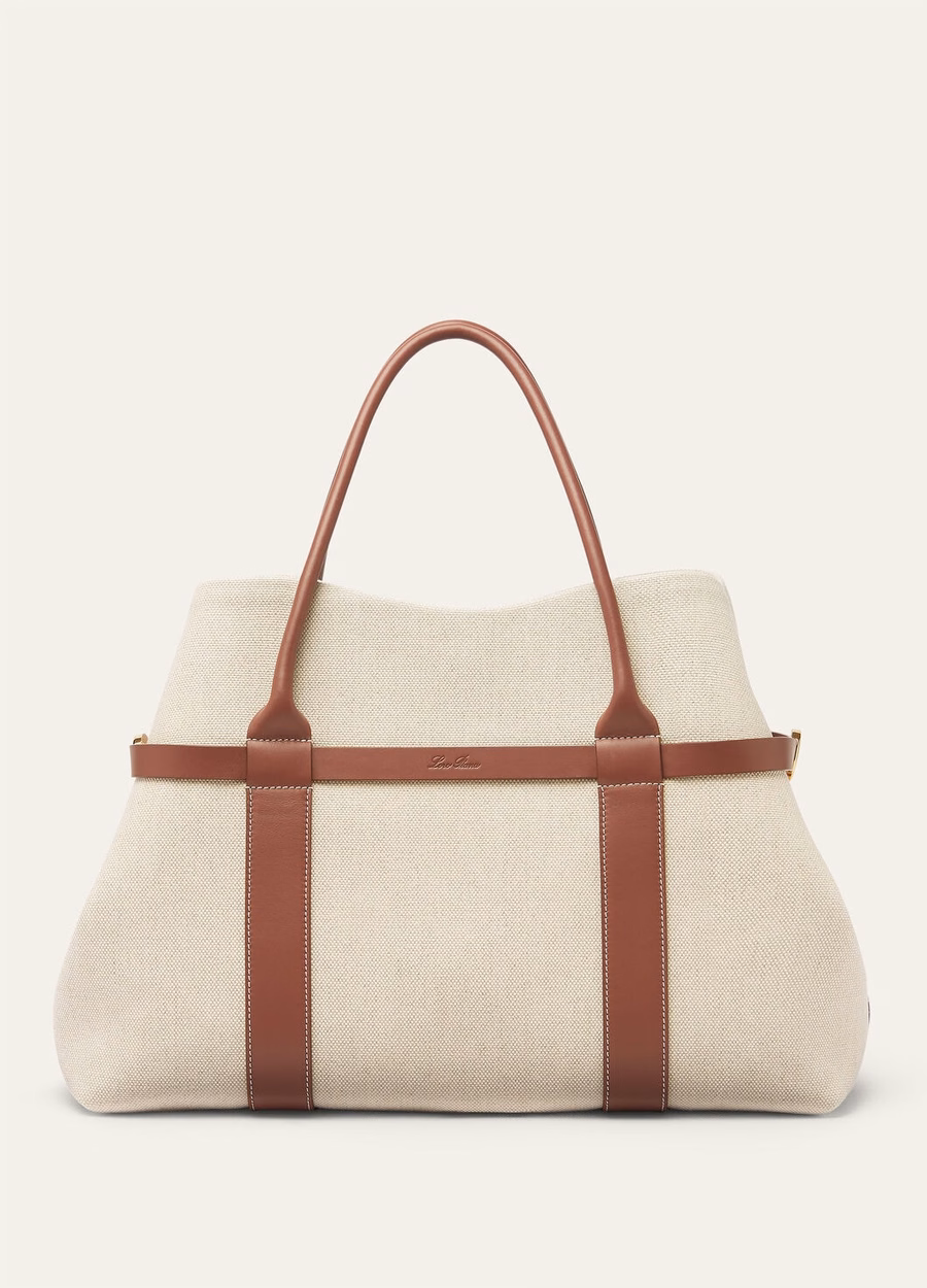 Sacola grande de compras em algodão e linho nas cores natural/caramelo/dourado.