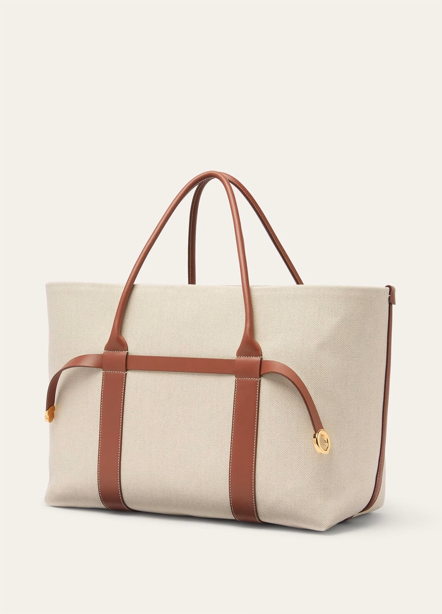 Sacola grande de compras em algodão e linho nas cores natural/caramelo/dourado.