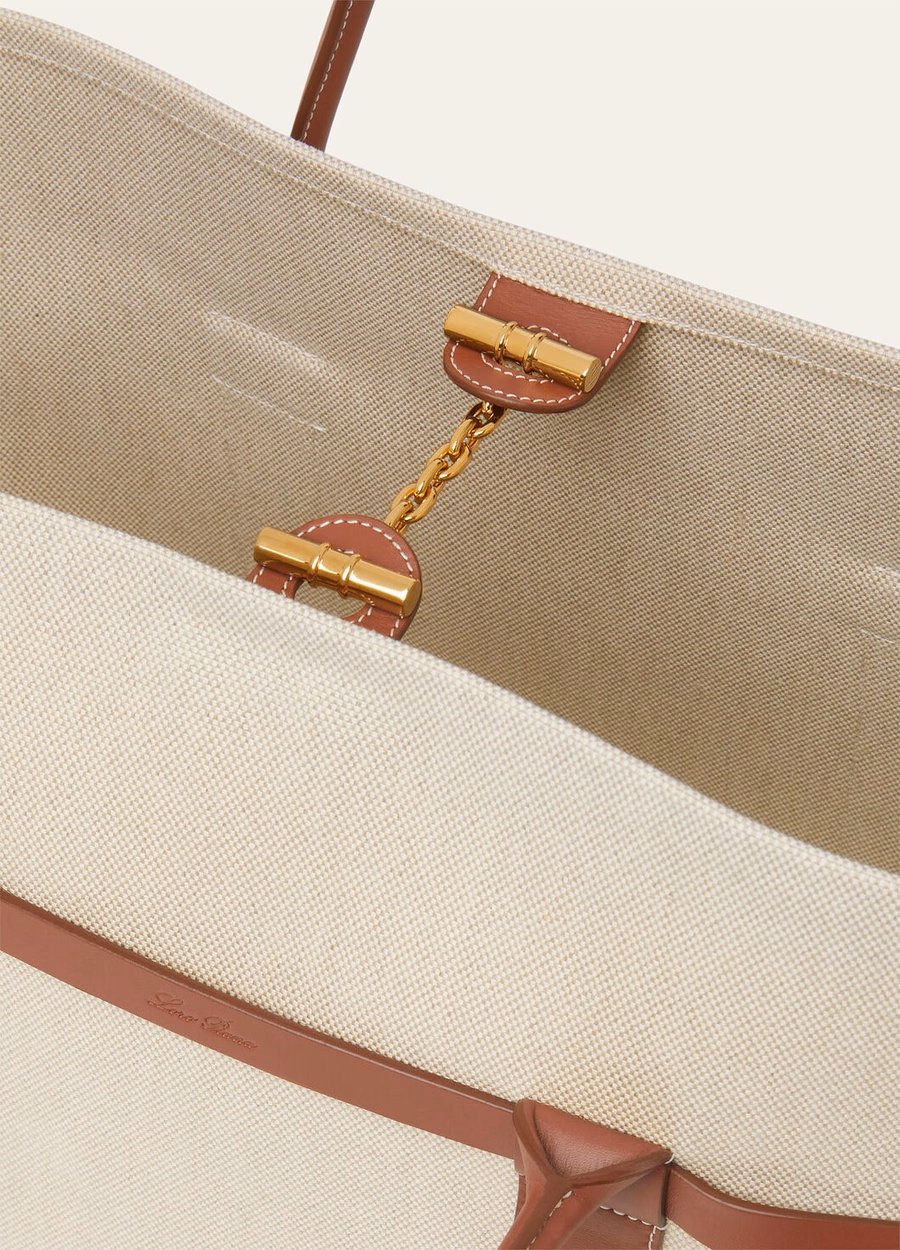 Sacola grande de compras em algodão e linho nas cores natural/caramelo/dourado.