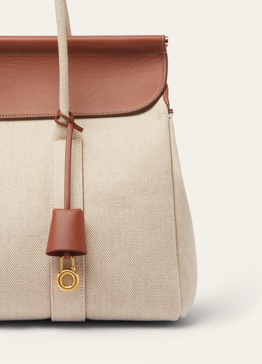 Bolsa Loom L37 em algodão e linho nas cores Natural/Caramelo Açúcar/Dourado Sol
