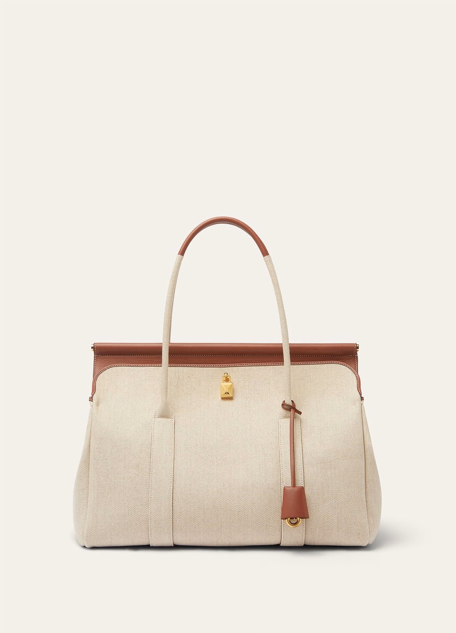 Bolsa Loom L37 em algodão e linho nas cores Natural/Caramelo Açúcar/Dourado Sol