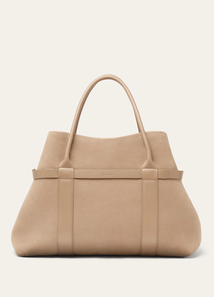 Bolsa grande Shopper Fume Taupe/Sun Gold em couro de bezerro com argola