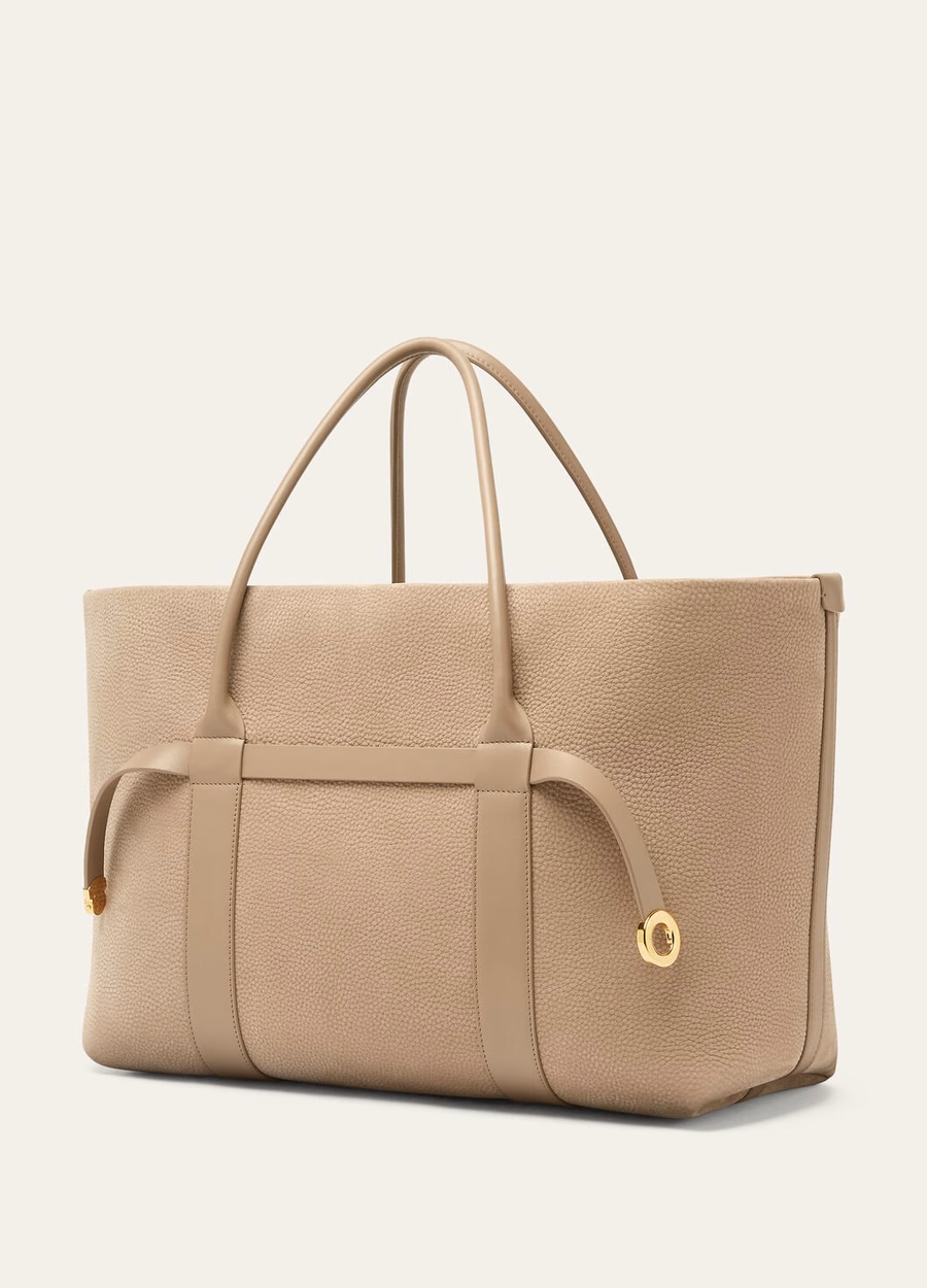Bolsa grande Shopper Fume Taupe/Sun Gold em couro de bezerro com argola