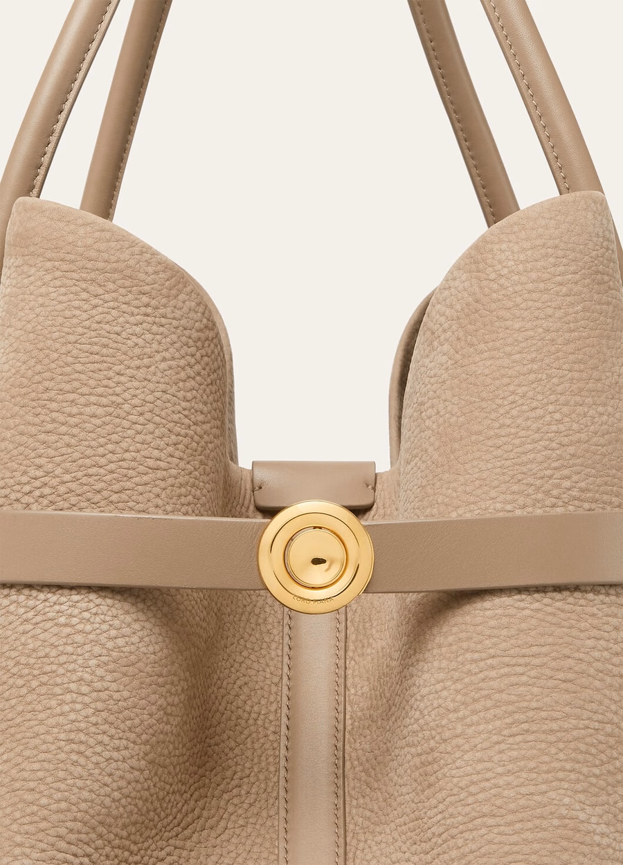 Bolsa grande Shopper Fume Taupe/Sun Gold em couro de bezerro com argola