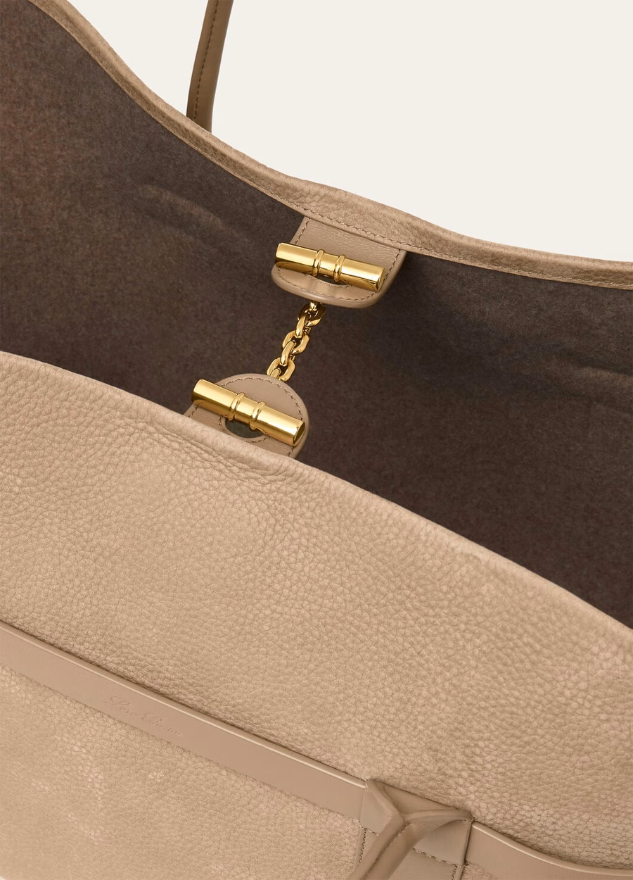 Bolsa grande Shopper Fume Taupe/Sun Gold em couro de bezerro com argola