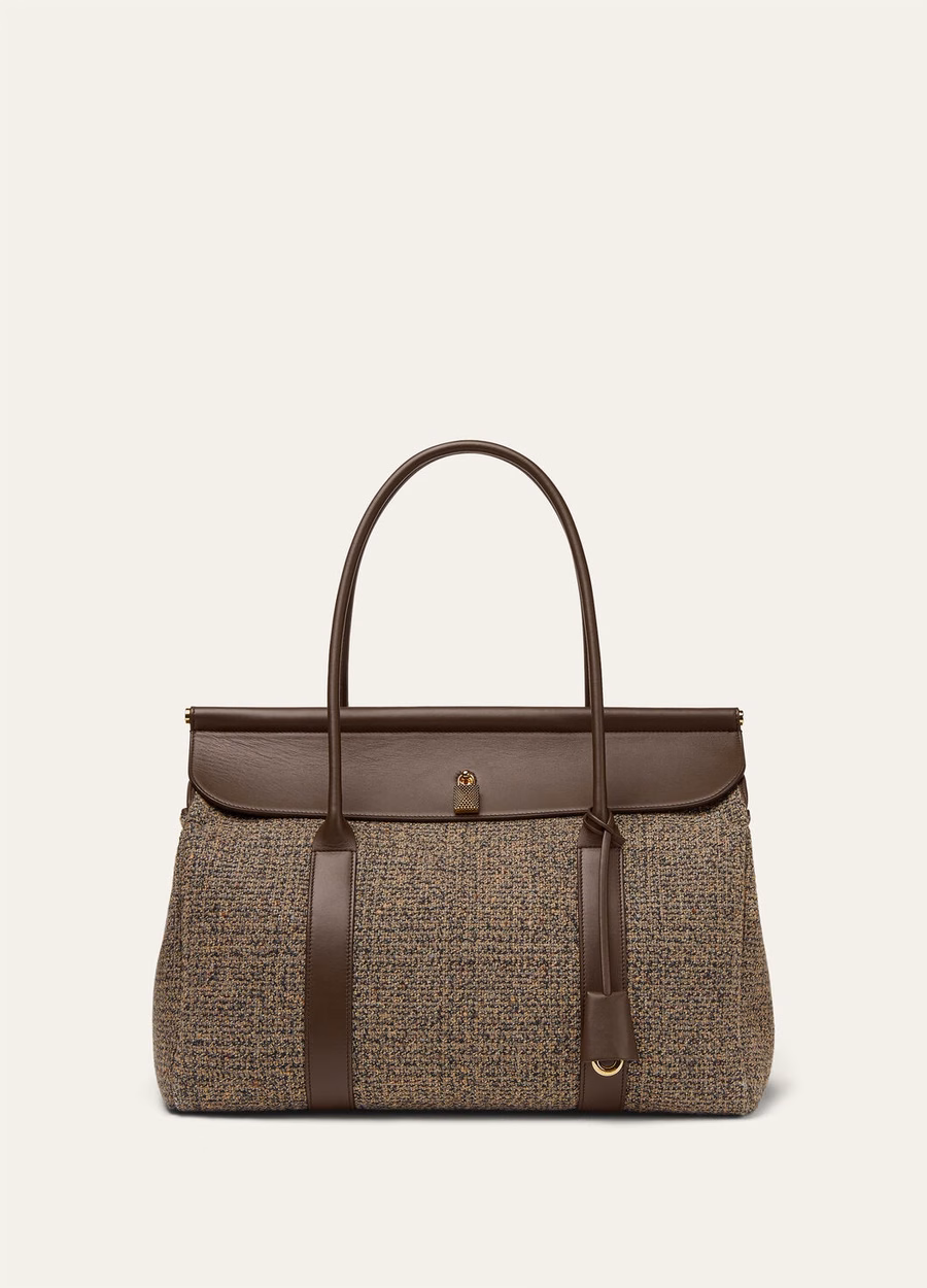Bolsa Loom L37 em seda, lã e cashmere nas cores marrom quente/chocolate escuro/alcaçuz/dourado.