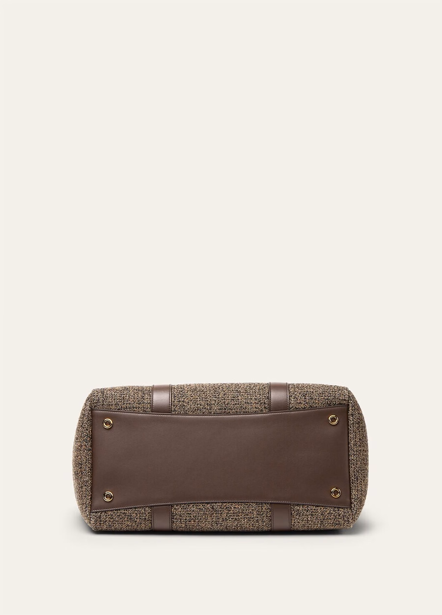 Bolsa Loom L37 em seda, lã e cashmere nas cores marrom quente/chocolate escuro/alcaçuz/dourado.