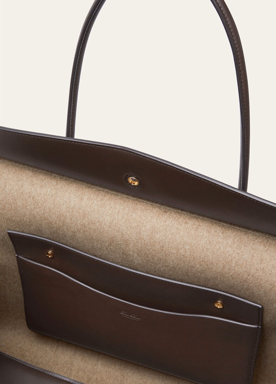 Bolsa Loom L37 em seda, lã e cashmere nas cores marrom quente/chocolate escuro/alcaçuz/dourado.