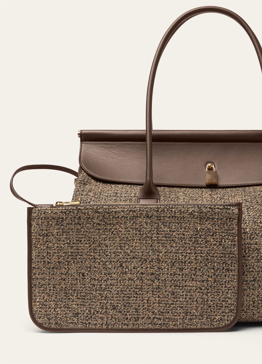Bolsa Loom L37 em seda, lã e cashmere nas cores marrom quente/chocolate escuro/alcaçuz/dourado.