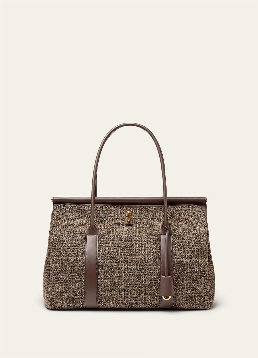 Bolsa Loom L37 em seda, lã e cashmere nas cores marrom quente/chocolate escuro/alcaçuz/dourado.