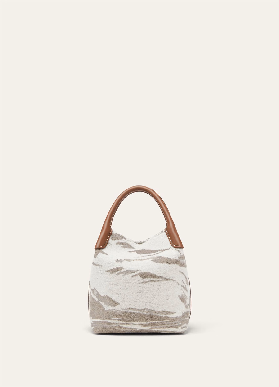 Bolsa pequena de cashmere em lã virgem, nas cores cinza acinzentado/pedra de inverno/turquesa/dourado.