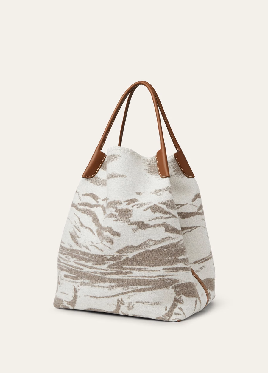 Bolsa Hobo Extra Grande em Lã Virgem Cashmere, Cinza Nebuloso/Pedra Invernal/Turquesa/Dourado